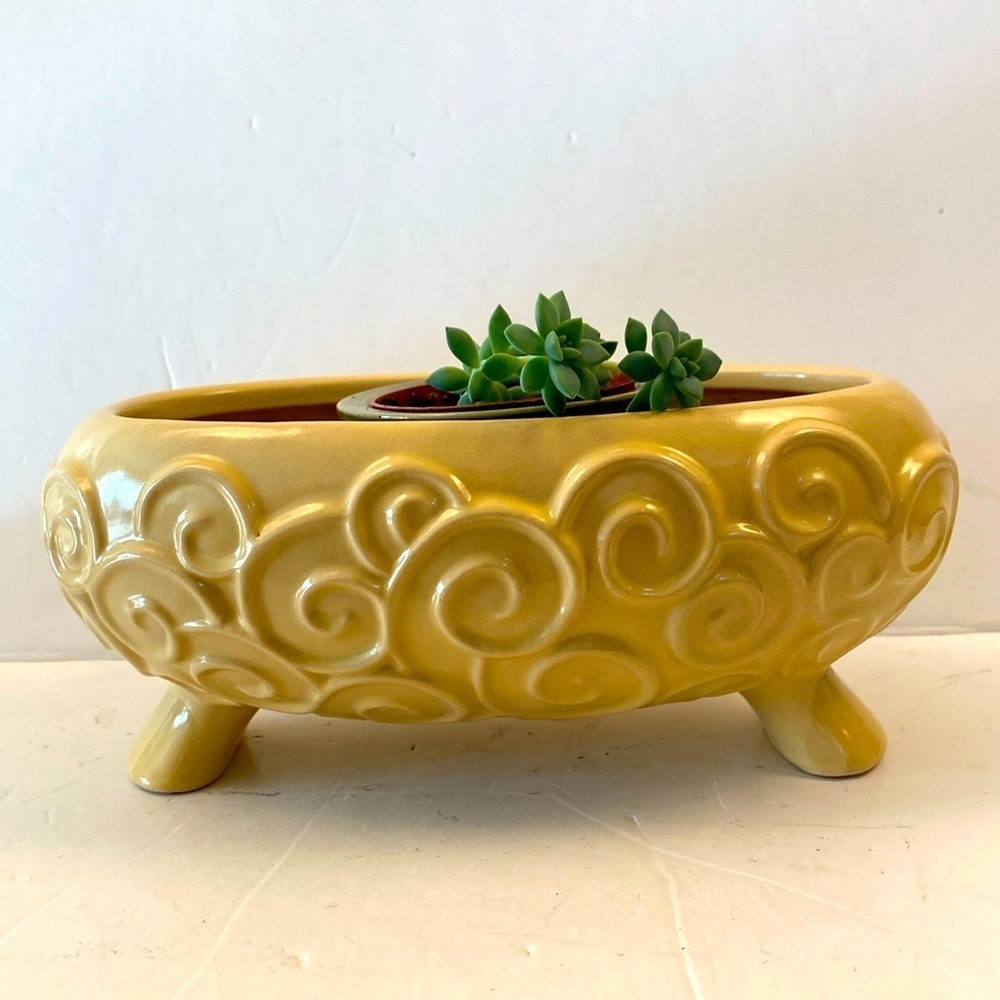 Ceramic planter yellow footed console low bowl succulent 3 dimensional swirl
